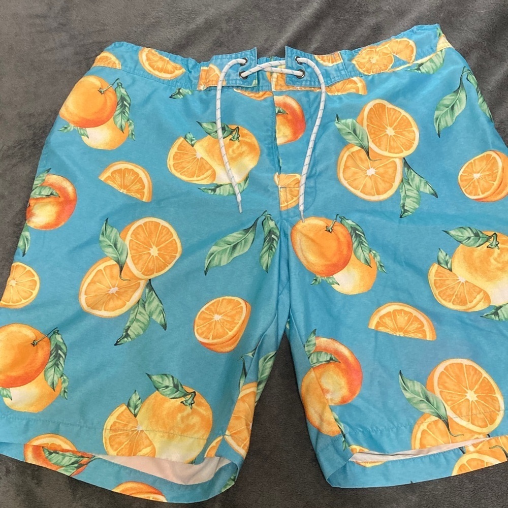 St. John's Bay Blue and Orange Fruit Print Men's Swim Board Shorts